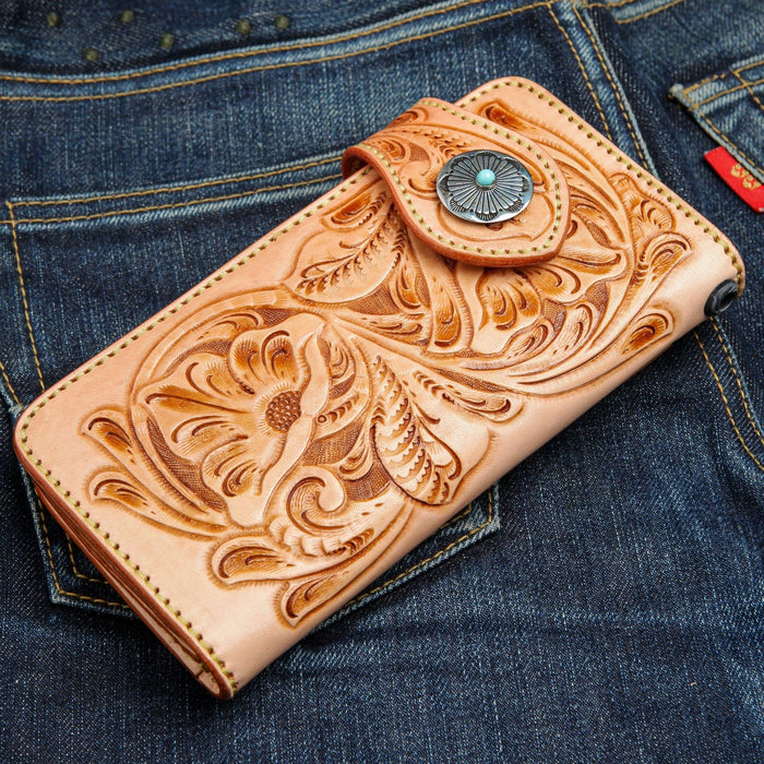 The natural leather wallet, which will patina, resting on jeans.