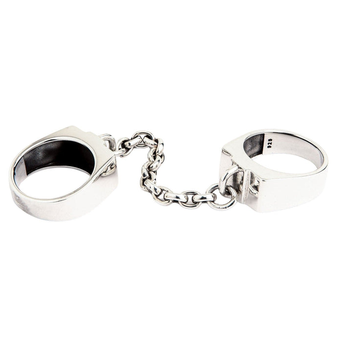 The back of the two-finger handcuff ring, showing the solid silver bands.