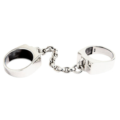 The back of the two-finger handcuff ring, showing the solid silver bands.