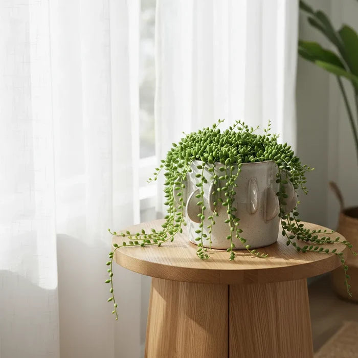 Lush string of pearls plant in handmade stoneware planter, antique white
