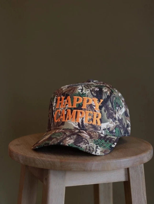 Happy Camper Tree Camo Embroidered Trucker Hat