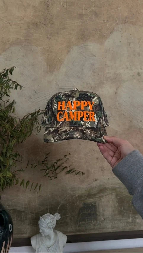 Happy Camper Tree Camo Embroidered Trucker Hat