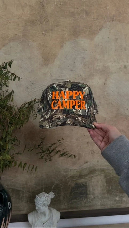 Happy Camper Tree Camo Embroidered Trucker Hat