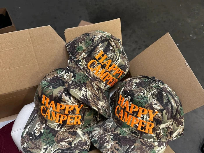 Happy Camper Tree Camo Embroidered Trucker Hat