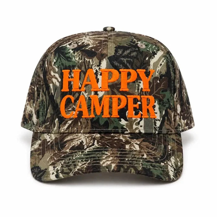 Happy Camper Tree Camo Embroidered Trucker Hat