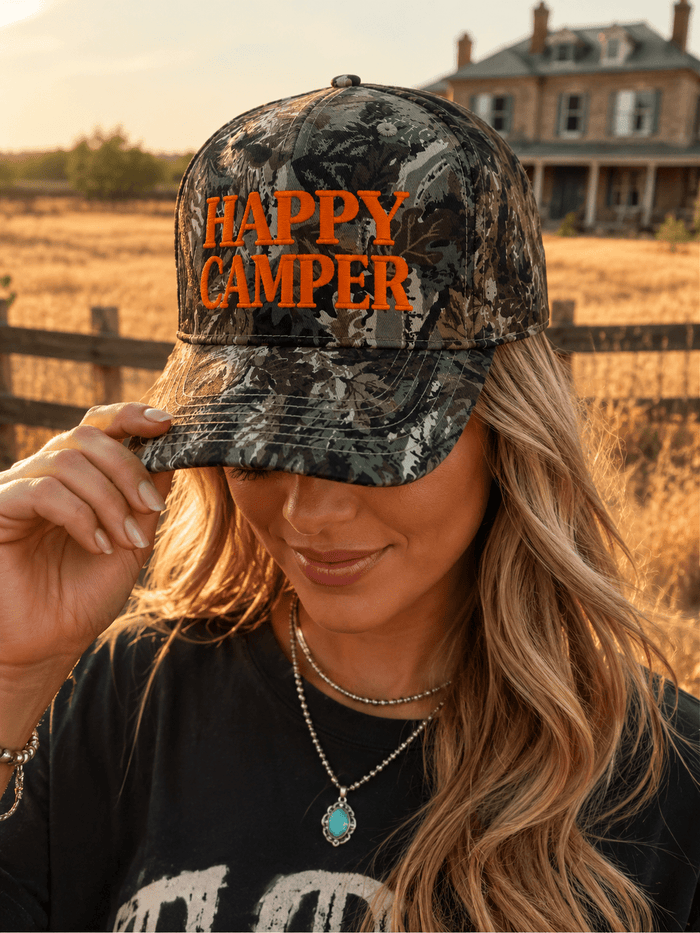 Happy Camper Tree Camo Embroidered Trucker Hat
