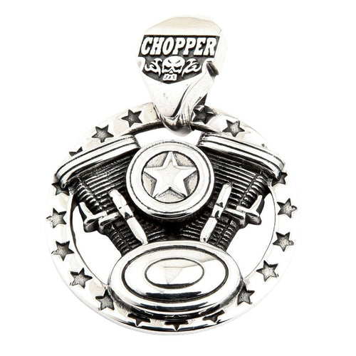 Front view of a silver V-twin engine pendant with a star-bordered frame and a bail reading CHOPPER above a skull.