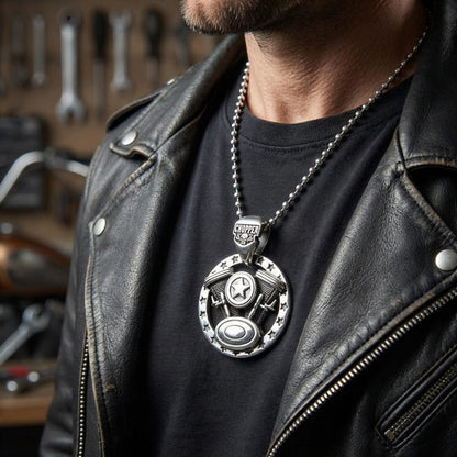 Close-up of a male model wearing a sterling silver Harley chopper V-twin engine biker pendant on a ball chain necklace.
