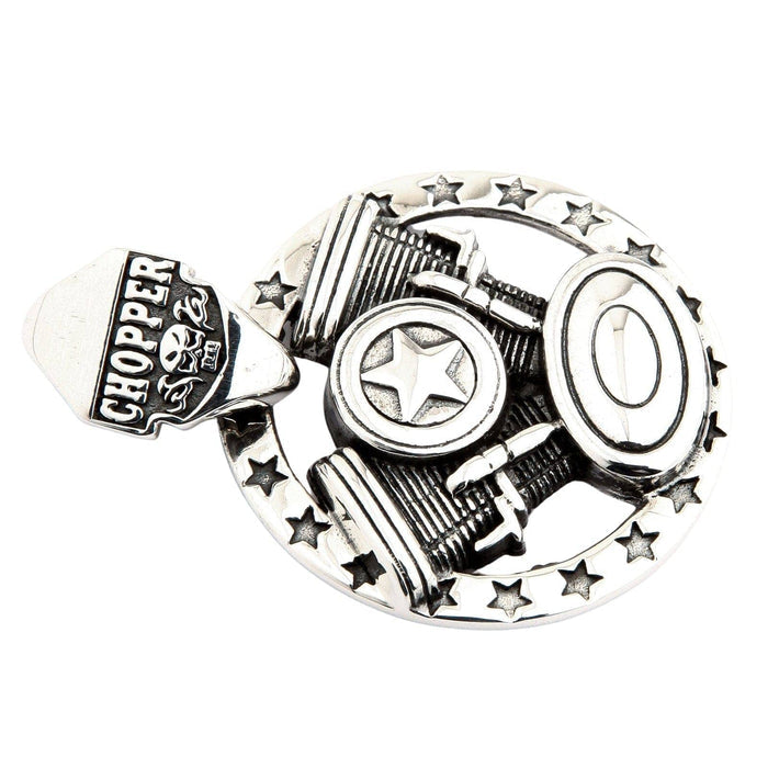 Horizontal display of the solid .925 silver motorcycle pendant, featuring the central star emblem and rounded derby cover.
