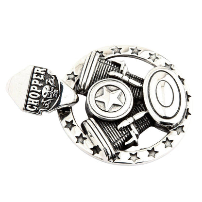 Horizontal display of the solid .925 silver motorcycle pendant, featuring the central star emblem and rounded derby cover.
