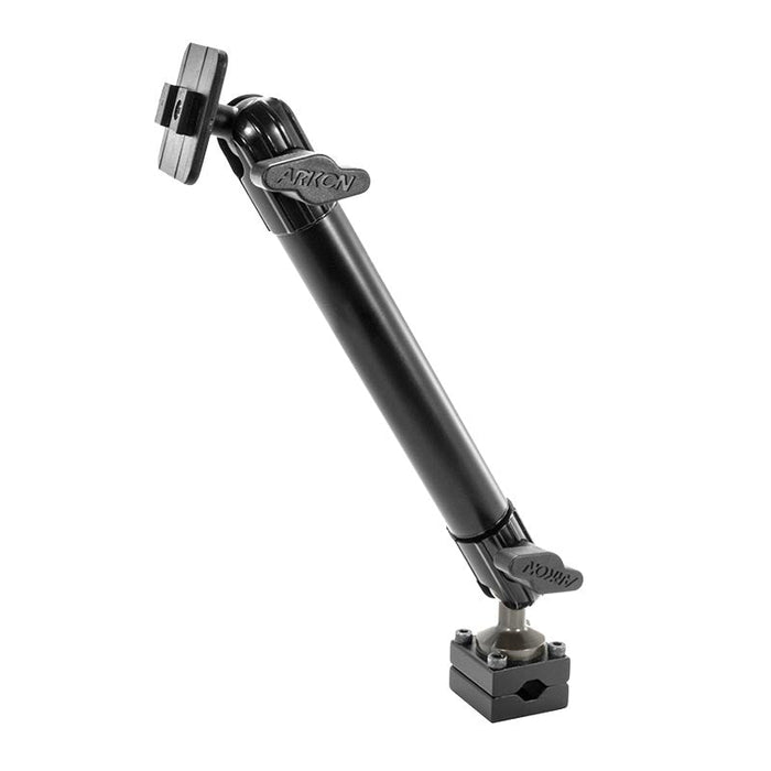 The Heavy-Duty Headrest Mounting Pedestal with 10 Arm features a black adjustable clamp base and two tightening knobs, ideal for holding tablets as a rear seat entertainment mount, shown angled against a white background.