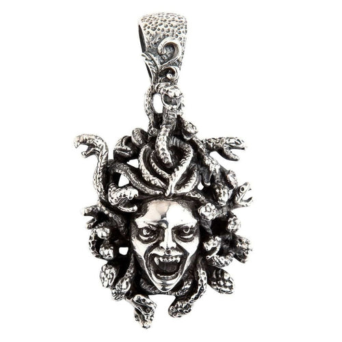 Front view of the sterling silver Medusa pendant highlighting the aggressive gorgon face and detailed snake hair