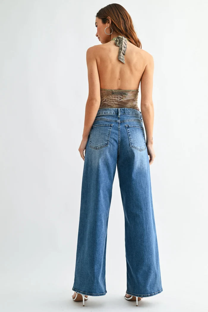 High rise full length loose straight denim jeans in blue with faded wash and classic five-pocket design