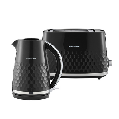 Black honeycomb-patterned kettle and toaster with Morphy Richards branding on a white background