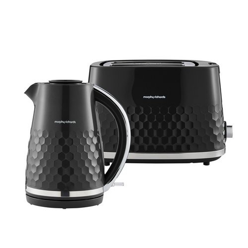 Black honeycomb-patterned kettle and toaster with Morphy Richards branding on a white background