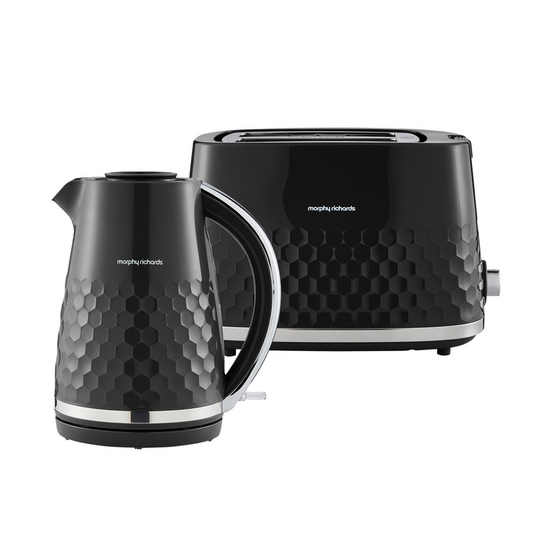 Black honeycomb-patterned kettle and toaster with Morphy Richards branding on a white background