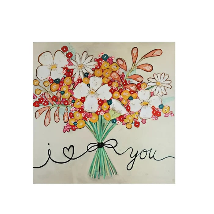 A vibrant floral canvas wall decor artwork featuring the phrase I love you