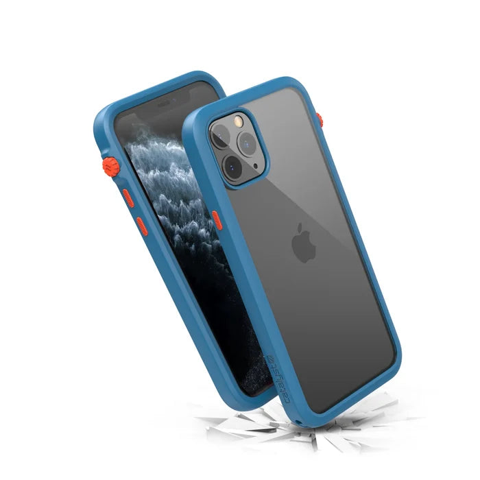 Two iPhone 11 Pro devices are shown with Catalyst Case US Impact Protection Cases in blue and clear, featuring red buttons. The drop-proof clear case reveals the Apple logo as one phone appears to strike and crack a white surface.