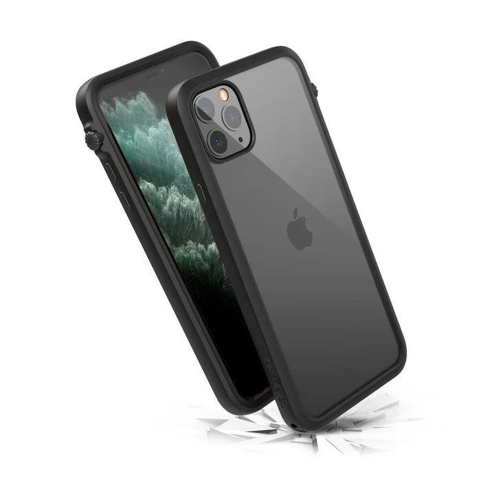 The Catalyst Case US iPhone 11 Pro Max Impact Protection Case is shown in black, displaying both the screen and Apple logo, as it lands on a cracked surfaceÃƒÂ¢Ã¢â€šÂ¬Ã¢â‚¬Âhighlighting its rugged MIL-STD 810G drop-proof protection.