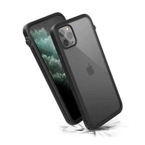 The Catalyst Case US iPhone 11 Pro Max Impact Protection Case is shown in black, displaying both the screen and Apple logo, as it lands on a cracked surfaceÃƒÂ¢Ã¢â€šÂ¬Ã¢â‚¬Âhighlighting its rugged MIL-STD 810G drop-proof protection.