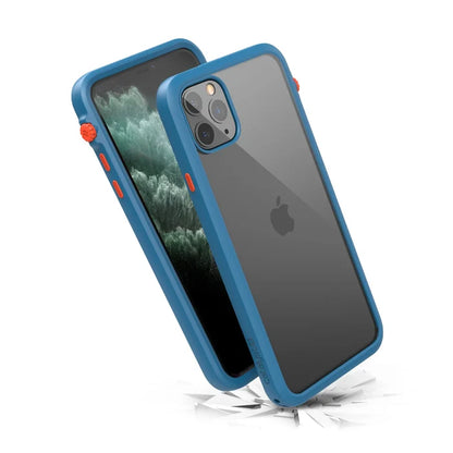 Two iPhone 11 Pro Max phones in blue Catalyst Case US Impact Protection Cases are shownÃƒÂ¢Ã¢â€šÂ¬Ã¢â‚¬Âone displays the screen, the other shows the Apple logo and triple cameraÃƒÂ¢Ã¢â€šÂ¬Ã¢â‚¬Âon glass shards, showcasing MIL-STD 810G drop-proof protection.