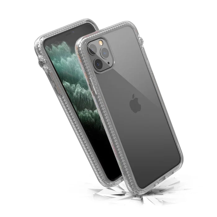 Two iPhone 11 Pro Max devices in Catalyst Case US Impact Protection Cases are shown upright on shards; one displays a green abstract wallpaper and the other showcases the Apple logo and triple camera, emphasizing their drop-proof protection.
