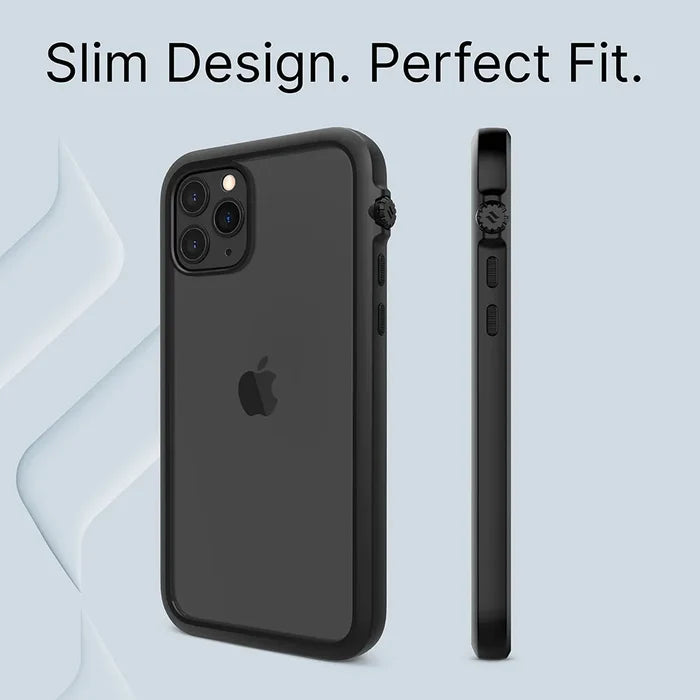The Catalyst Case US iPhone 11 Pro Max – Impact Protection Case is shown from the back and side, displaying its slim, precise fit with dual rear cameras. Above, the text reads "Slim Design. Military Standards." on a light blue abstract background.