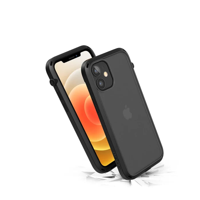 The Catalyst Case US iPhone 12 mini - Influence Case is shown: one phone displays a vibrant front screen, while the other reveals the black, rugged drop-proof case with the Apple logo and glass shards below.