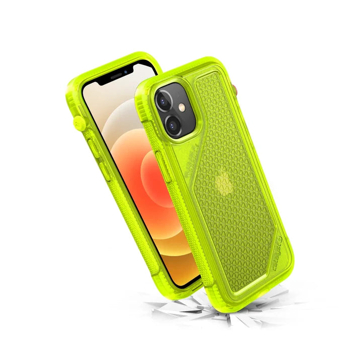 Two iPhone 12 minis in Catalyst Case US Vibe Cases (Neon Yellow) are shown, one upright and one tilted back, highlighting the geometric textured back. The front phone displays orange and cream circles; cracks underneath suggest strong impact protection.