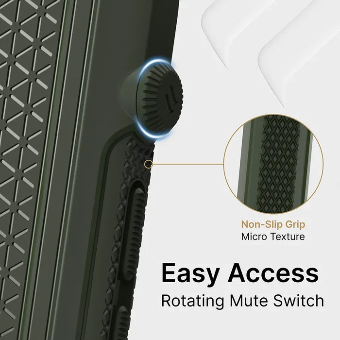 Close-up of the Catalyst Case US iPhone 12 mini - Vibe Case corner shows a textured non-slip grip and rotating mute switch. An inset circle magnifies the micro texture. Text reads: “Non-Slip Grip Micro Texture” and “Easy Access Rotating Mute Switch.”.