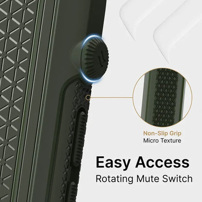 Close-up of the Catalyst Case US iPhone 12 mini - Vibe Case corner shows a textured non-slip grip and rotating mute switch. An inset circle magnifies the micro texture. Text reads: “Non-Slip Grip Micro Texture” and “Easy Access Rotating Mute Switch.”.