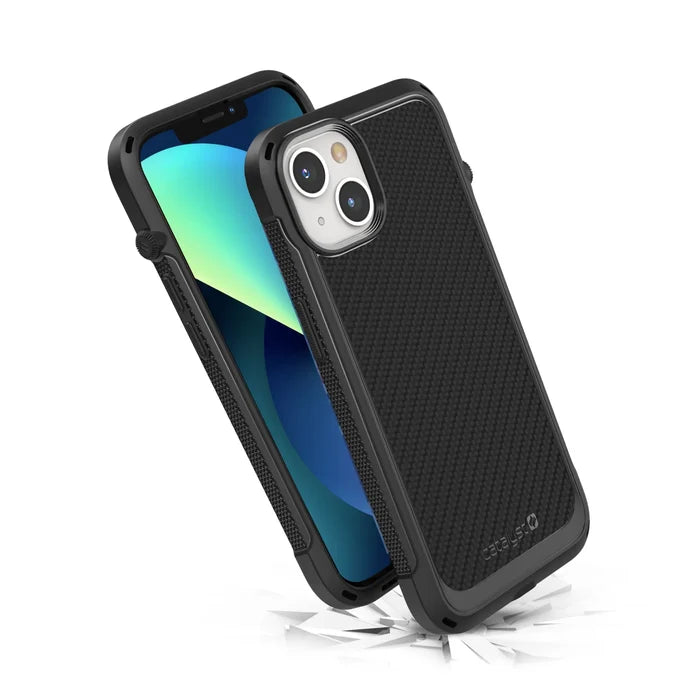 The iPhone 13 - Vibe Case by Catalyst Case US, shown in black with a textured back and dual camera cutout, covers the phone displaying a green-blue abstract wallpaper; a cracked white surface highlights its drop protection. MagSafe compatible.
