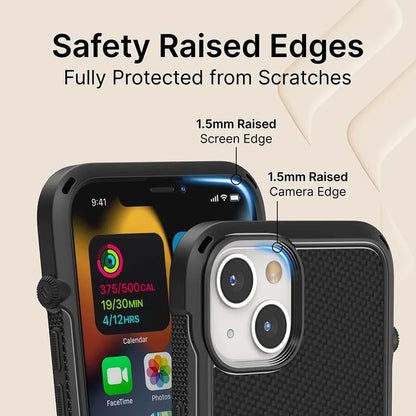 Close-up of the Catalyst Case US iPhone 13 Vibe Case (MagSafe Compatible) on a phone, showing 1.5mm raised edges around the screen and camera. Beige background with bold text: “Safety Raised Edges—Fully Protected from Scratches.”.