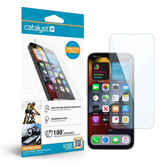 A Catalyst Case US iPhone 13 Pro / iPhone 13 Tempered Glass Screen Protector is pictured beside an iPhone, with packaging that highlights its scratch resistance, fingerprint-free surface, and full compatibility.