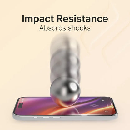 A shiny metal ball in motion blur drops onto an iPhone 13 mini with a Catalyst Case US Tempered Glass Screen Protector, showing impact resistance and shock absorption. Text above: "Impact Resistance Absorbs Shocks." Soft beige gradient background.