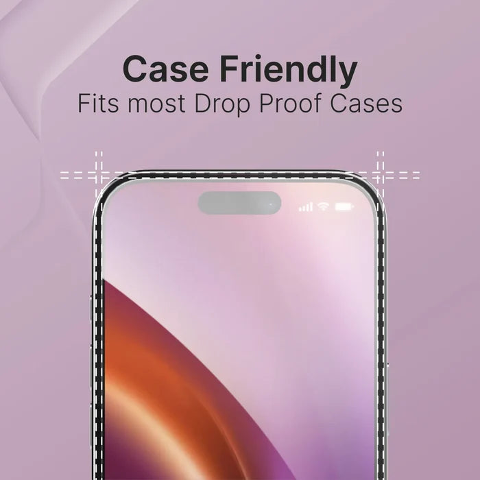 A Catalyst Case US iPhone 13 mini - Tempered Glass Screen Protector with a thin, dotted outline appears on a purple background. Text above says, “Case Friendly. Fits most Drop Proof Cases,” showing its compatibility with many cases.