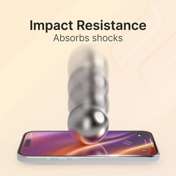 A shiny metal ball in motion blur drops onto an iPhone 13 mini with a Catalyst Case US Tempered Glass Screen Protector, showing impact resistance and shock absorption. Text above: "Impact Resistance Absorbs Shocks." Soft beige gradient background.