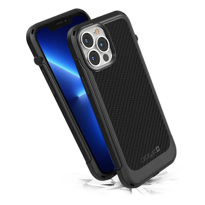 Two iPhone 13 Pro Max phones with Catalyst Vibe Case in Stealth Black are shownÃƒÂ¢Ã¢â€šÂ¬Ã¢â‚¬Âone displays the lit screen, the other highlights the rugged, drop-proof MagSafe-compatible back. Both feature triple rear cameras and modern angled positioning.