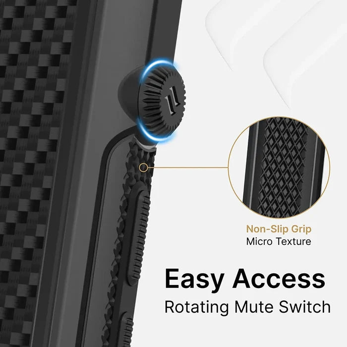 Close-up of Catalyst Case US Vibe Case for iPhone 13 Pro Max, MagSafe compatible, highlighting the easy-access rotating mute switch with a textured, non-slip grip. Circular inset zooms in on the micro texture.