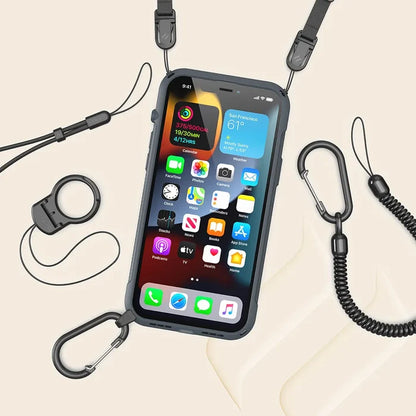 The Catalyst Case US iPhone 13 Pro Max Vibe Case, MagSafe compatible, is shown in black with a screen displaying apps, attached to a lanyard with carabiner clips and adjustable straps. Coiled cords and an extra loop accessory are nearby on a beige background.