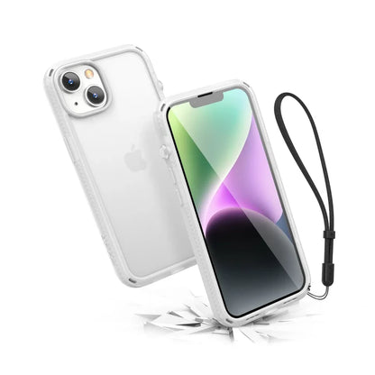 The Catalyst Case US Influence Case for iPhone 14 in Clear features a black wrist strap, MIL-STD 810G drop protection, a visible Apple logo, and supports wireless chargingÃƒÂ¢Ã¢â€šÂ¬Ã¢â‚¬Âprotecting your phone while keeping it stylish and functional.