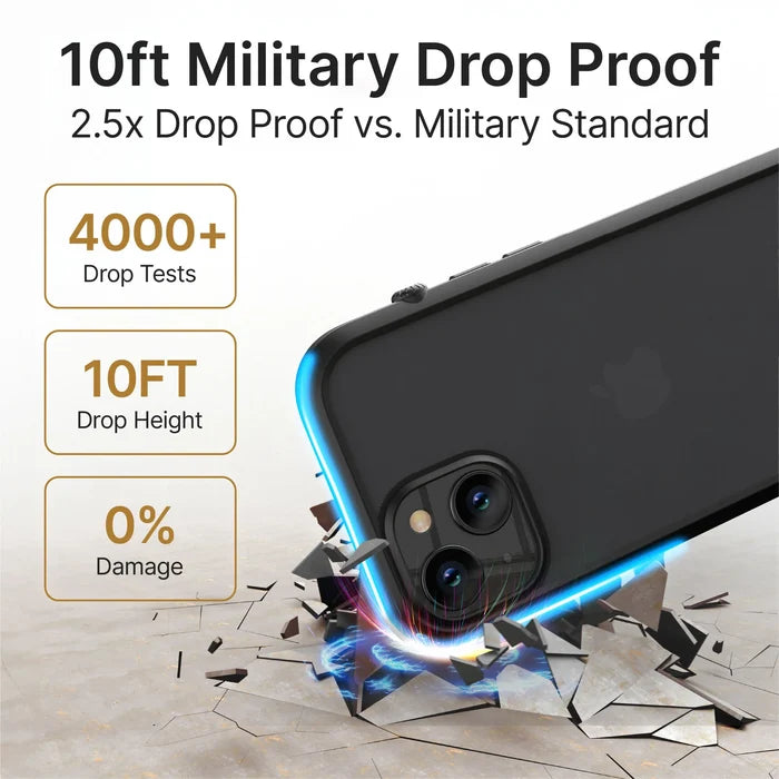 A black iPhone 14 in the Catalyst Case US Influence Case drops, shattering the ground. Text: ÃƒÂ¢Ã¢â€šÂ¬Ã…â€œ10ft MIL-STD 810G Drop Proof, 2.5x stronger than military standard, wireless charging, 4000+ drop tests, zero damage.ÃƒÂ¢Ã¢â€šÂ¬Ã‚Â.