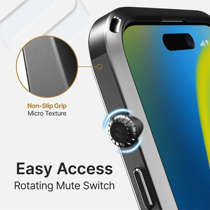 A close-up image of the Catalyst Case US Influence Case for iPhone 14 shows its textured, non-slip grip and rotating mute switch, with callouts. The drop-proof case meets MIL-STD 810G standards for rugged protection.