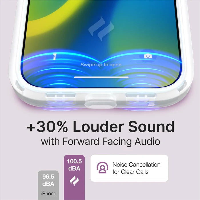 The Catalyst Case US iPhone 14 ÃƒÂ¢Ã¢â€šÂ¬Ã¢â‚¬Å“ Influence Case showcases colorful lights and sound waves with ÃƒÂ¢Ã¢â€šÂ¬Ã…â€œ+30% Louder Sound with Forward Facing Audio,ÃƒÂ¢Ã¢â€šÂ¬Ã‚Â MIL-STD 810G drop-proof protection, wireless charging, and advanced noise cancellation.