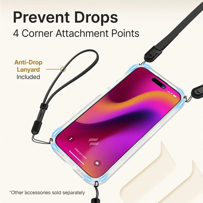 The Catalyst Case US iPhone 14 - Influence Case is shown in a clear design with black lanyard clips at all four corners and a black anti-drop lanyard. Text: ÃƒÂ¢Ã¢â€šÂ¬Ã…â€œPrevent Drops. 4 Corner Attachment Points. Drop Proof MIL-STD 810G Protection.ÃƒÂ¢Ã¢â€šÂ¬Ã‚Â.