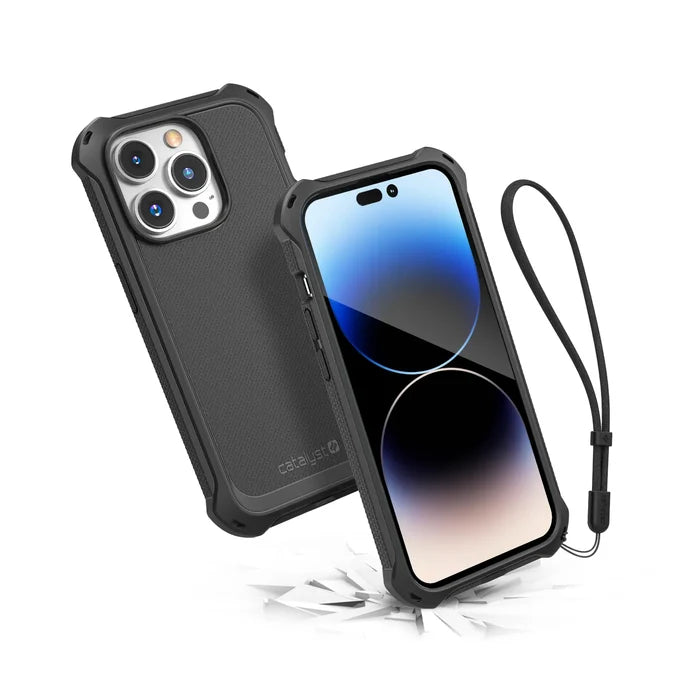 Two Catalyst Case US iPhone 14 Pros in Stealth Black Crux Cases, MagSafe compatible: one shows a blue gradient screen, the other three camera lenses. Both have reinforced corners, textured grip, wrist strap, and drop-proof design with cracks below.