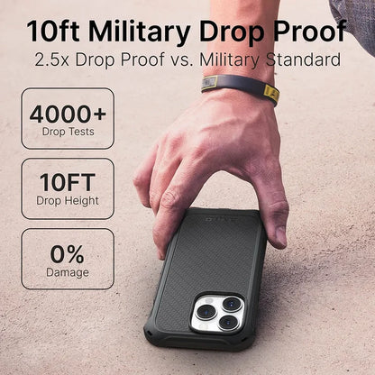 A hand wearing a black wristband picks up an iPhone 14 Pro with the Catalyst Case US Crux Case (MagSafe compatible) from a stone surface. Text highlights "10ft Drop Proof," "MIL-STD 810G," "4000+ Drop Tests," and "0% Damage.