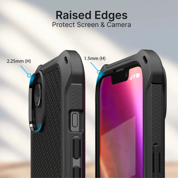 Close-up of the Catalyst Case US iPhone 14 Plus - Crux Case, MagSafe compatible, showing 2.25mm raised camera edge and 1.5mm screen edge for drop-proof protection. Text: "Raised Edges Protect Screen & Camera.