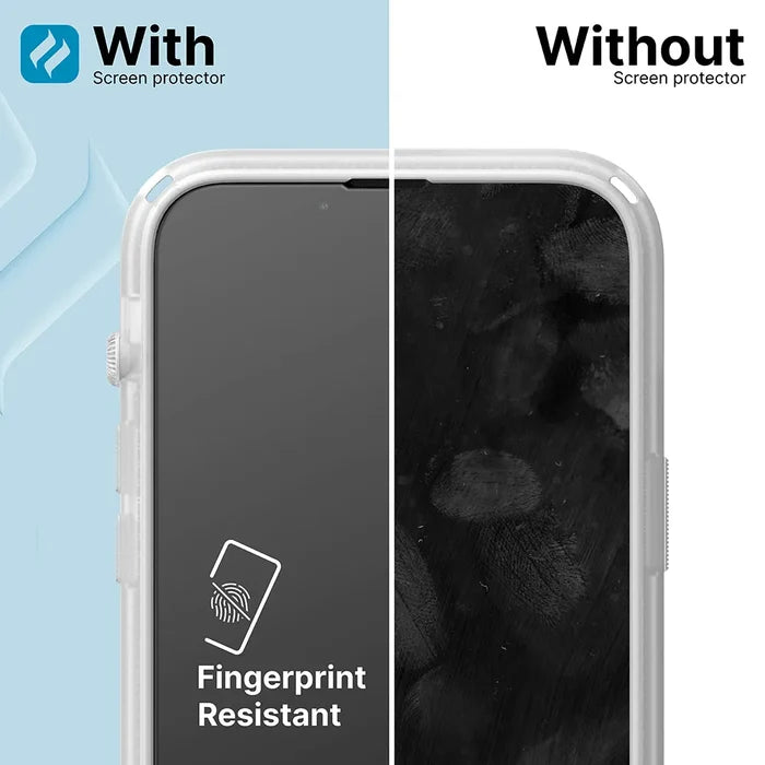 A smartphone split vertically: left shows a clean screen labeled "With Catalyst Case US Tempered Glass Screen Protector – Fingerprint Resistant"; right shows a smudged screen labeled "Without screen protector." Blue and white background.