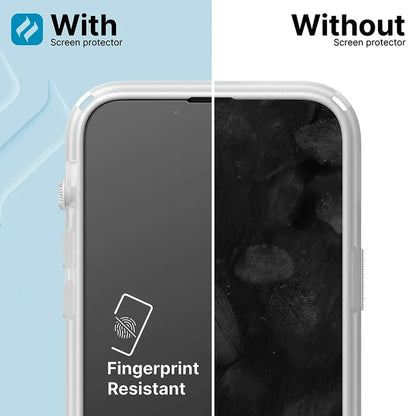 A smartphone split vertically: left shows a clean screen labeled "With Catalyst Case US Tempered Glass Screen Protector – Fingerprint Resistant"; right shows a smudged screen labeled "Without screen protector." Blue and white background.
